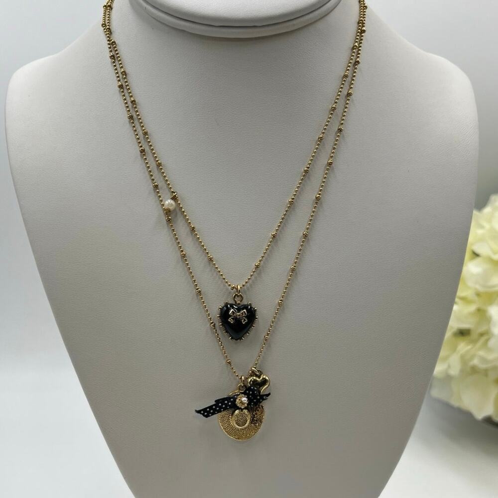 Betsey Johnson Double strand Beaded Chain‎ Sunhat Black Bow Heart Necklace